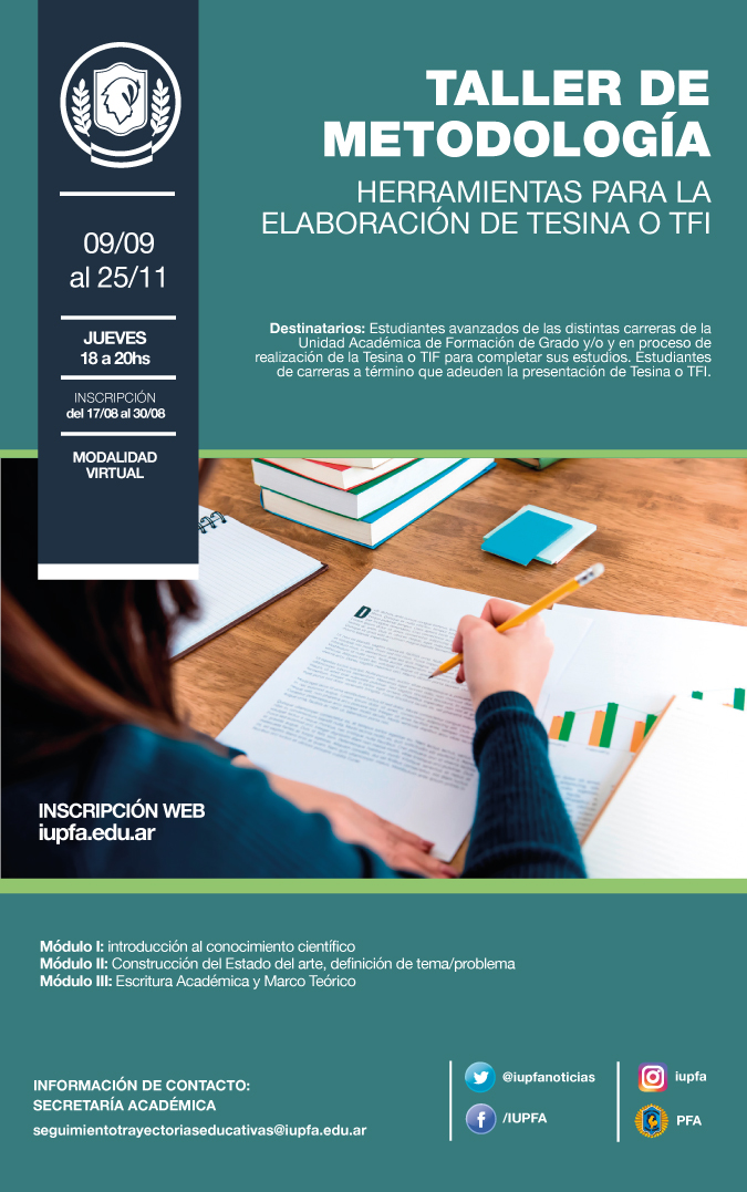 09 DE SEPTIEMBRE . TALLER DE METODOLOGÍA. HERRAMIENTAS PARA LA ELABORACIÓN DE TESINA O TFI . IUPFA